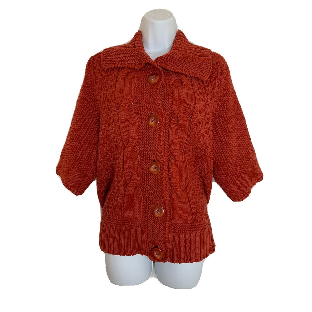 Chicos Burnt Orange Spice Cable Knit Button Sweater Womens 2 US L (09)